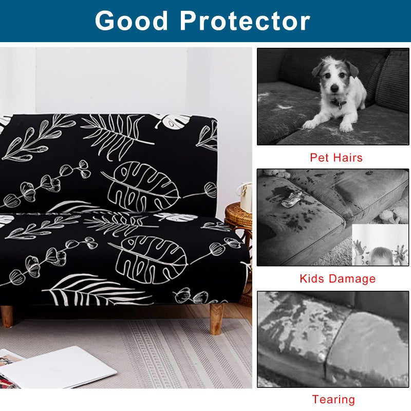 WOMACO Printed Futon Cover Stretch Sofa Bed Slipcovers Full Twin Queen Size Armless Couch Loveseat Protector Covers with Elastic Bottom for Living Room Bedroom Furniture (Black Leaves, 63"-75") - Image 4